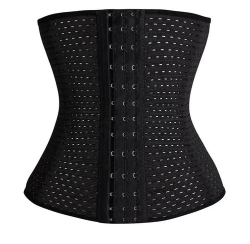 Mandotos hot waist trainer corset shown on a mannequin, featuring a black, adjustable design for shaping and waist slimming.