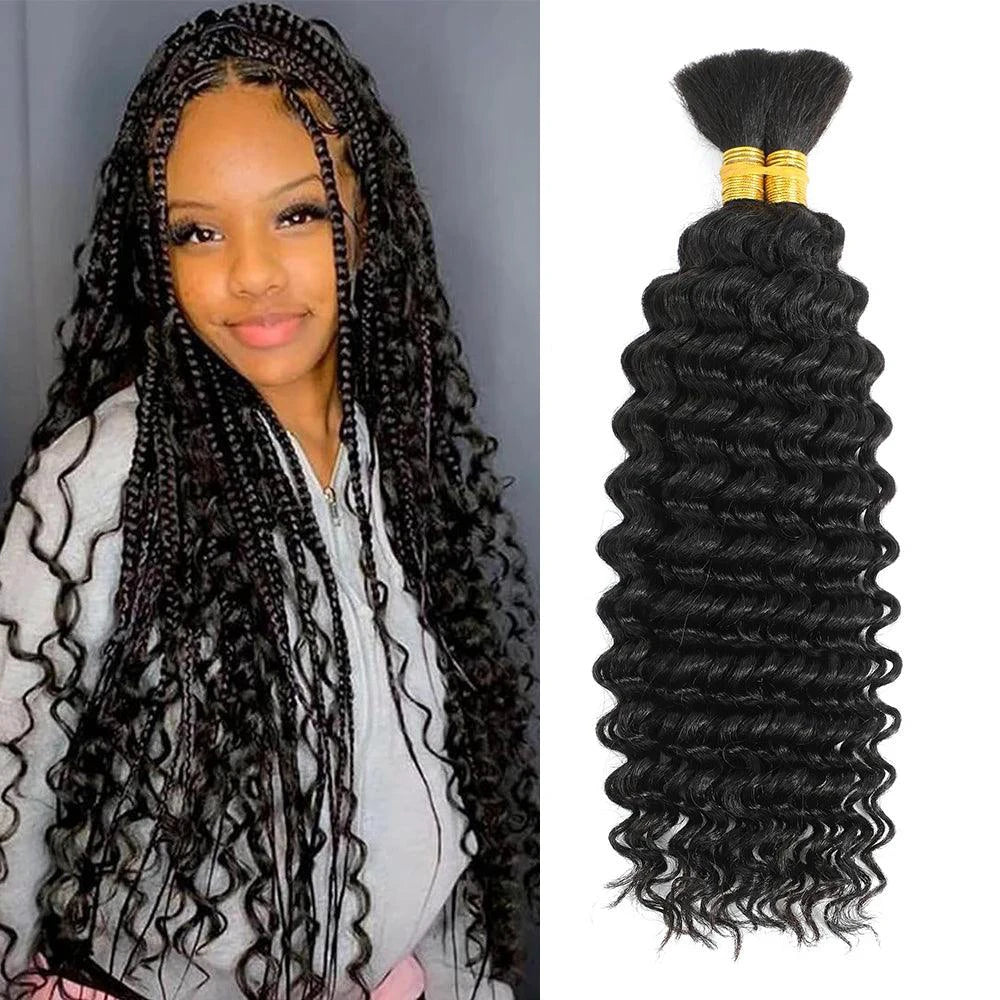 Deep wave human braiding hair bulk by MANDOTOS, 100g curly extensions for boho braids, no weft, suitable for weaving and styling.
