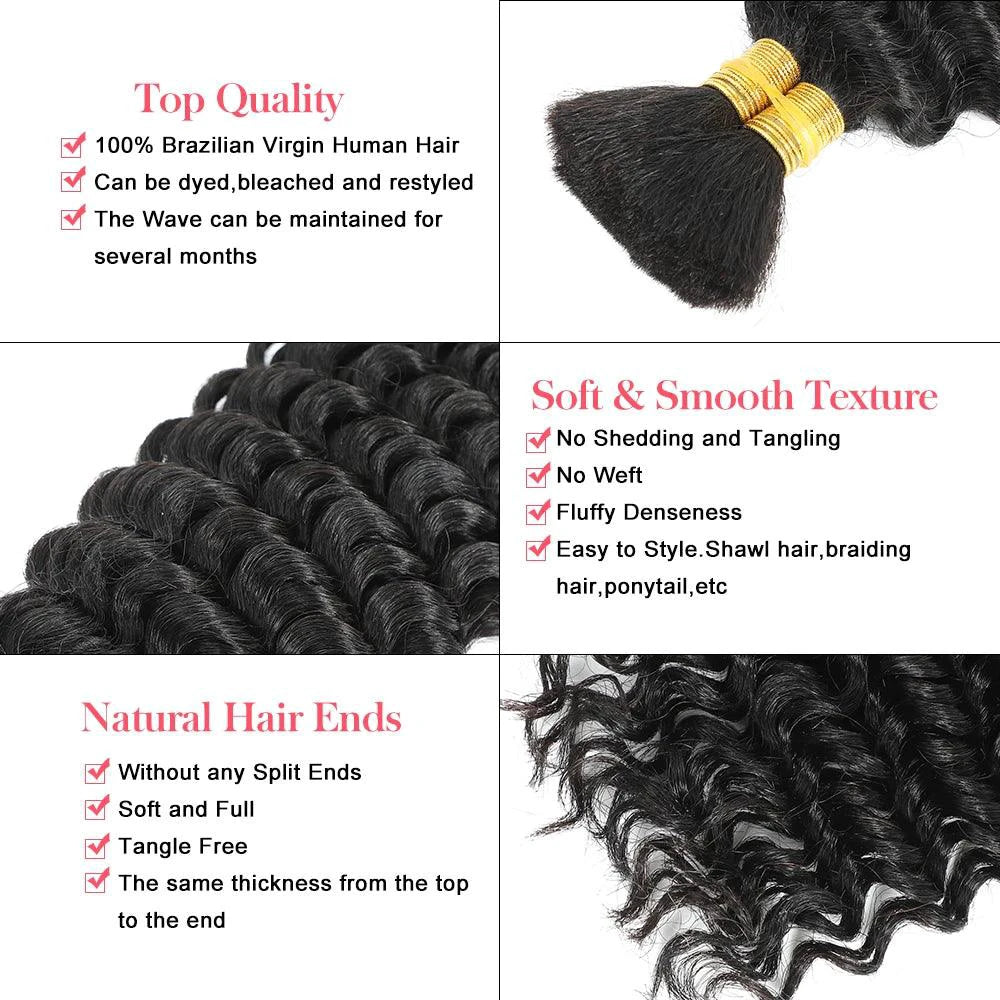Mandotos deep wave human braiding hair bulk in 100g, curly, no weft, ideal for boho braid extensions and natural hairstyles.