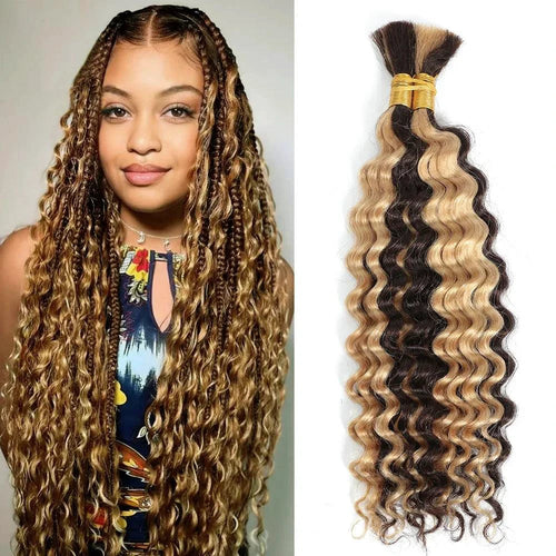 Human Hair 20-inch deep wave braiding bundle with P4/27 highlights by MANDOTOS, showcasing textured, highlighted hair for stylish braids.