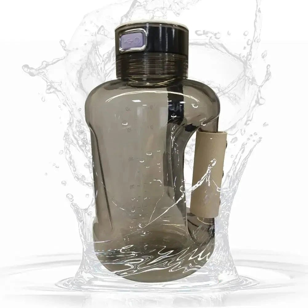 MANDOTOS HydroBoost Sports Hydration Bottle, clear plastic with blue lid and sports cap, designed for active hydration.