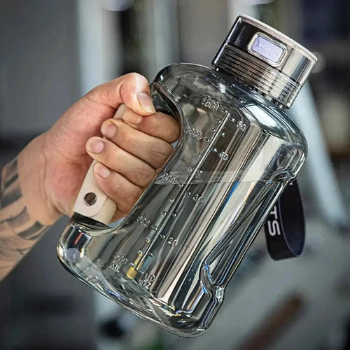 Mandotos HydroBoost sports hydration bottle with blue cap and transparent body, designed for active hydration.
