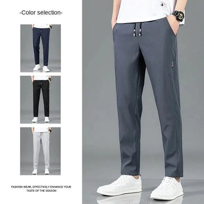 Mandotos Ice Silk men's summer pants in black and gray, outdoor breathable straight-leg casual sweatpants with elastic waist.