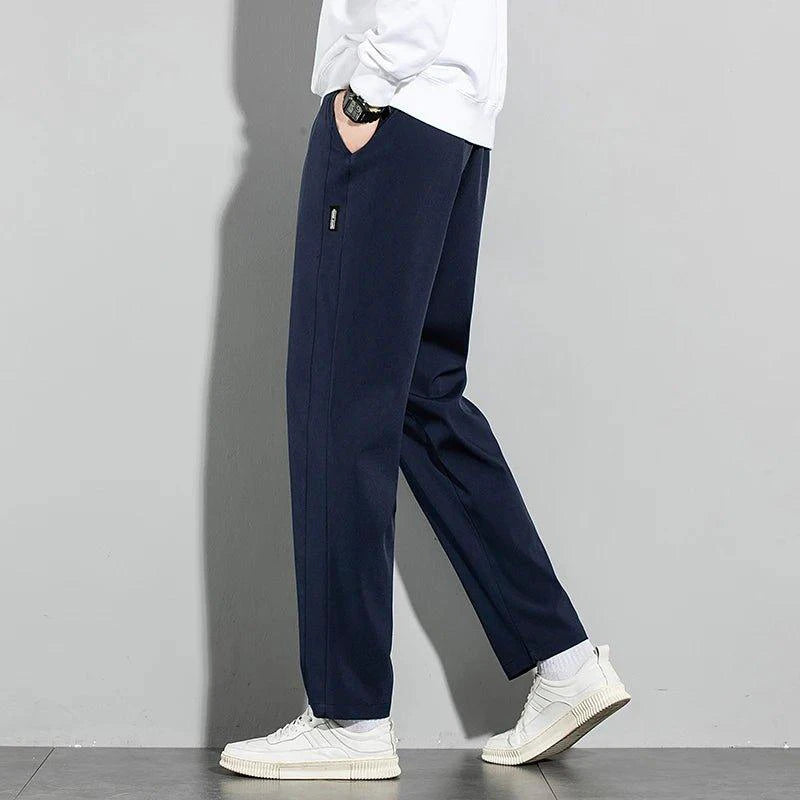 Mandotos Ice Silk men's summer casual pants in black and gray with elastic waistband, breathable straight-leg design, outdoor suitable
