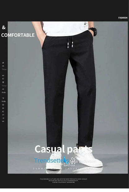 Mandotos Ice Silk men's summer casual pants in black and gray, breathable, elastic, straight-leg design for outdoor and business wear.