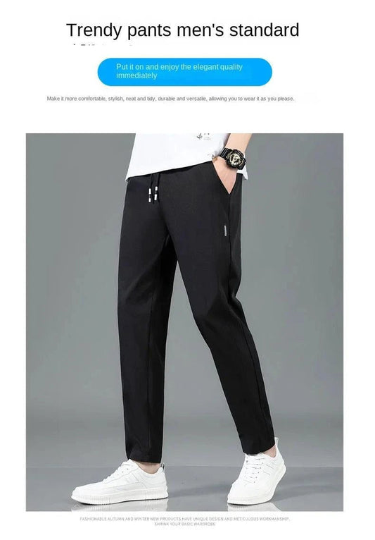 Mandotos Ice Silk men's summer casual pants in black and gray, breathable, elastic, straight-leg design for outdoor and business wear.