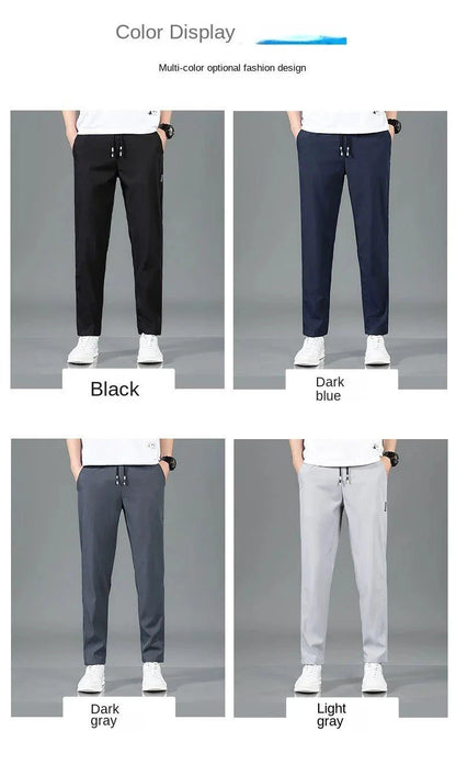 Mandotos Ice Silk men's summer black and gray casual pants with elastic waistband, breathable straight-leg design, suitable for outdoor wear.