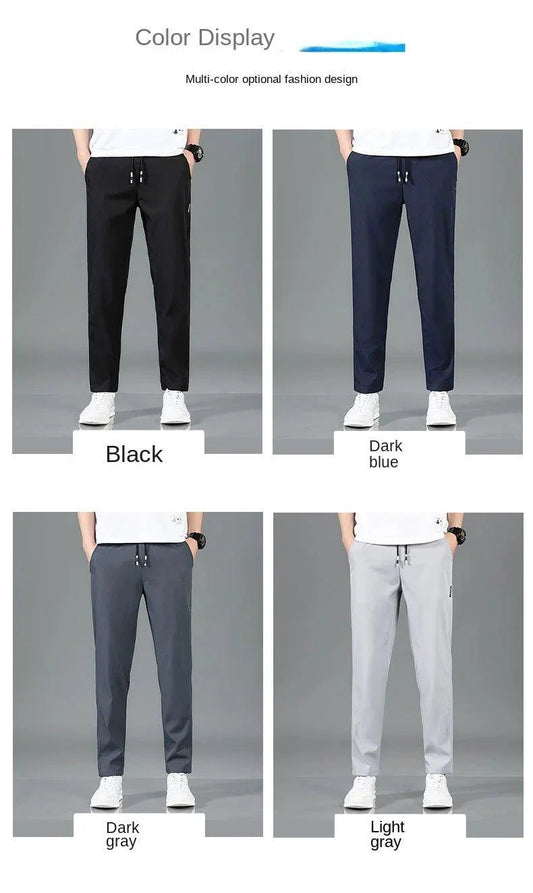 Mandotos Ice Silk men's summer black and gray casual pants with elastic waistband, breathable straight-leg design, suitable for outdoor wear.