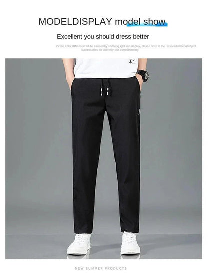 Mandotos Ice Silk men's summer black and gray casual pants with elastic waistband, straight-leg, breathable, lightweight outdoor sweatpants.
