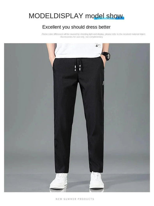 Mandotos Ice Silk men's summer black and gray casual pants with elastic waistband, straight-leg, breathable, lightweight outdoor sweatpants.