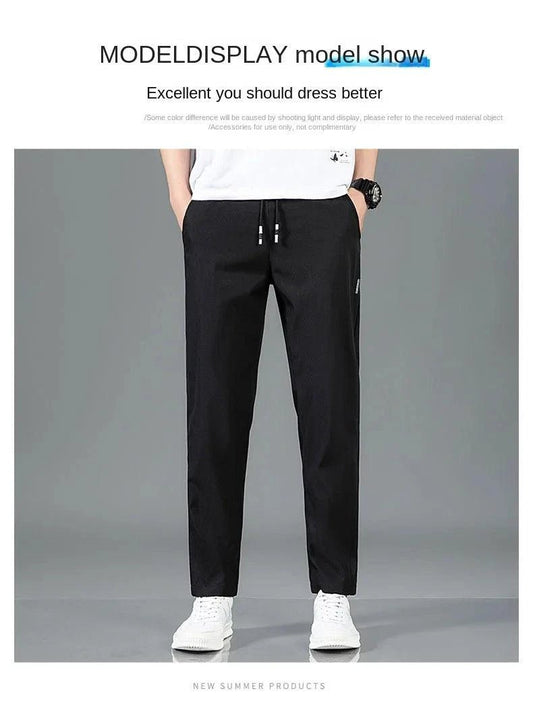 Mandotos Ice Silk men's summer black and gray casual pants with elastic waistband, straight-leg, breathable, lightweight outdoor sweatpants.