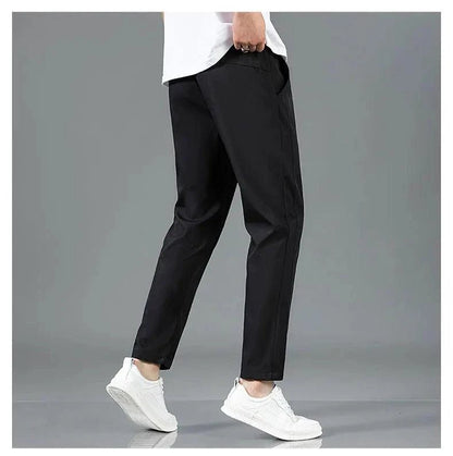 Mandotos Ice Silk men's summer casual pants in black and gray, with elastic waist, breathable fabric, straight-leg design.