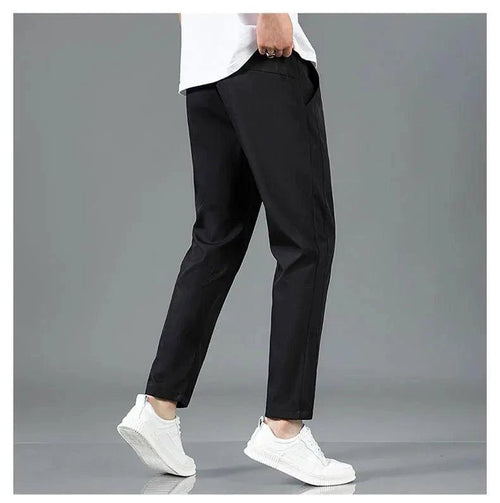Mandotos Ice Silk men's summer casual pants in black and gray, with elastic waist, breathable fabric, straight-leg design.