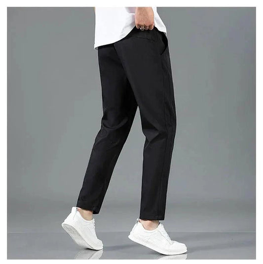 Mandotos Ice Silk men's summer casual pants in black and gray, with elastic waist, breathable fabric, straight-leg design.