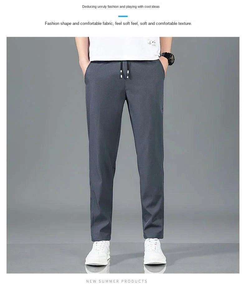 Mandotos Ice Silk men's summer casual pants in black and gray, slim fit, breathable, outdoor elastic straight-leg sweatpants.