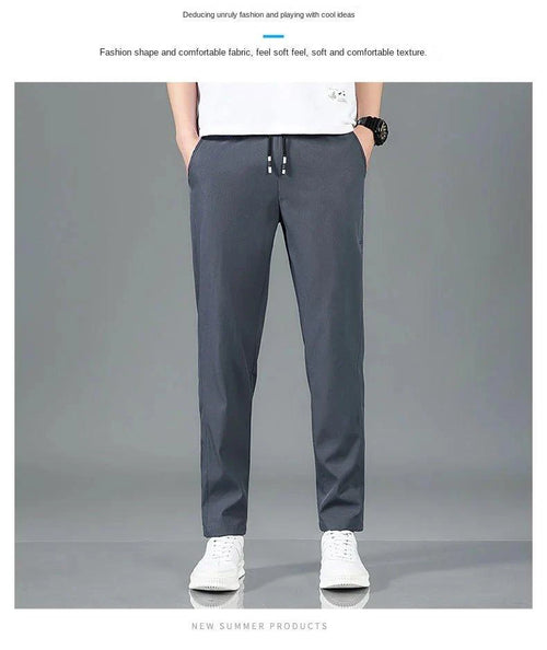 Mandotos Ice Silk men's summer casual pants in black and gray, slim fit, breathable, outdoor elastic straight-leg sweatpants.
