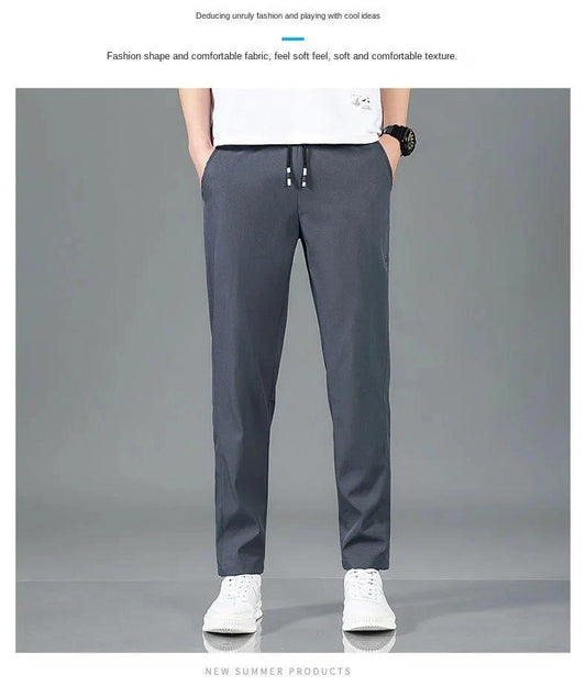 Mandotos Ice Silk men's summer casual pants in black and gray, slim fit, breathable, outdoor elastic straight-leg sweatpants.