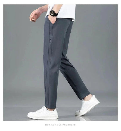Mandotos Ice Silk men's summer casual pants in black and gray, featuring a straight-leg design, elastic waist, and breathable fabric.