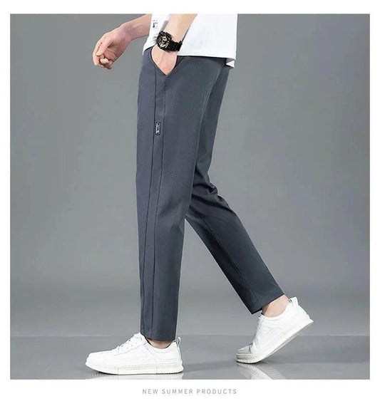 Mandotos Ice Silk men's summer casual pants in black and gray, featuring a straight-leg design, elastic waist, and breathable fabric.