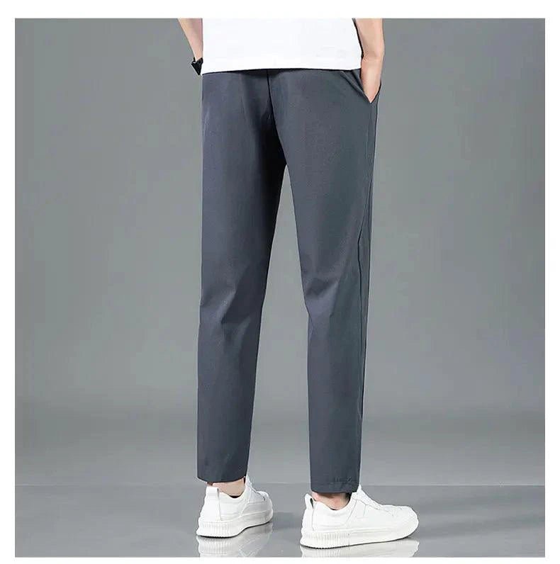 Mandotos Ice Silk men's summer thin black and gray casual pants with elastic waistband and straight-leg fit, suitable for outdoor wear.