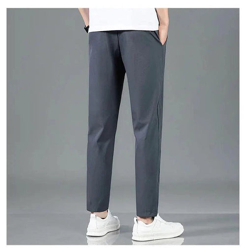 Mandotos Ice Silk men's summer thin black and gray casual pants with elastic waistband and straight-leg fit, suitable for outdoor wear.