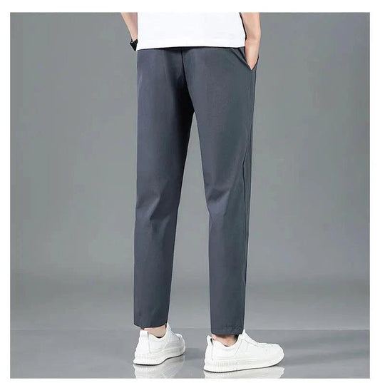 Mandotos Ice Silk men's summer thin black and gray casual pants with elastic waistband and straight-leg fit, suitable for outdoor wear.