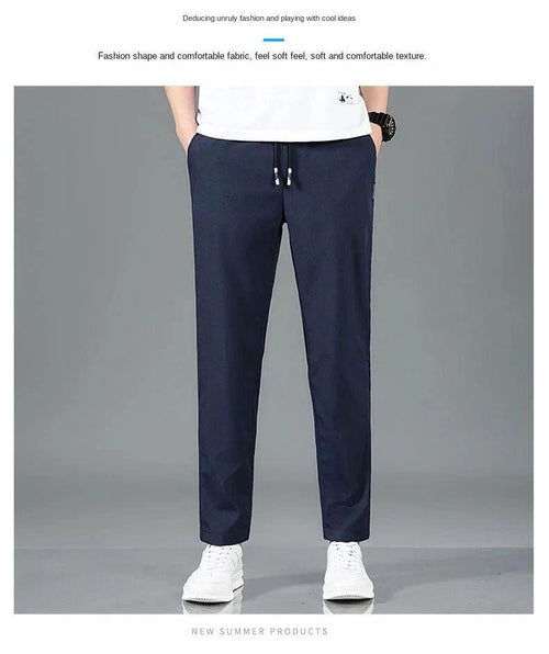 Mandotos Ice Silk men's summer casual pants in black and gray with elastic waistband, breathable straight-leg design, outdoor style.