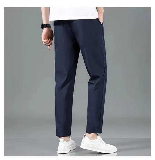 Mandotos Ice Silk men's summer casual pants in black and gray, breathable, elastic, straight-leg design, suitable for outdoor and business wear.