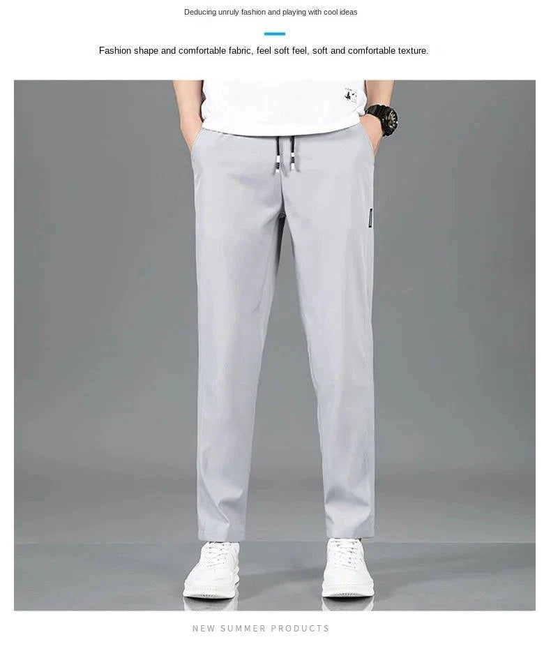 Mandotos Ice Silk men's summer black and gray casual pants with elastic waistband, breathable straight-leg design, suitable for outdoor wear.