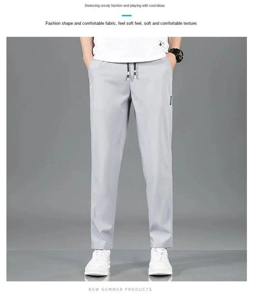 Mandotos Ice Silk men's summer black and gray casual pants with elastic waistband, breathable straight-leg design, suitable for outdoor wear.