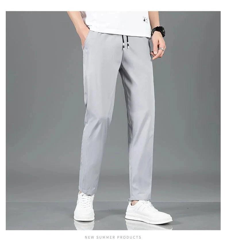 Mandotos Ice Silk men's summer pants in black and gray, lightweight, breathable, straight-leg casual or outdoor sweatpants.
