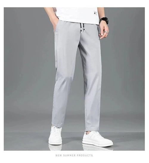Mandotos Ice Silk men's summer pants in black and gray, lightweight, breathable, straight-leg casual or outdoor sweatpants.