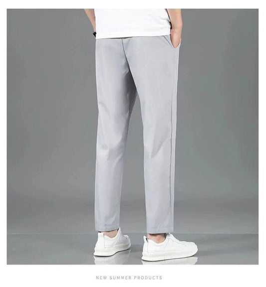 Mandotos Ice Silk men's summer pants in black and gray, breathable, elastic, straight-leg casual and outdoor sweatpants.