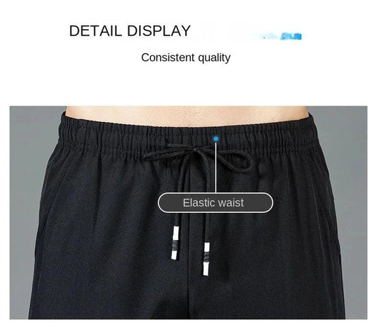 Mandotos Ice Silk men's summer black and gray casual pants with elastic waistband, breathable straight-leg design, outdoor wear