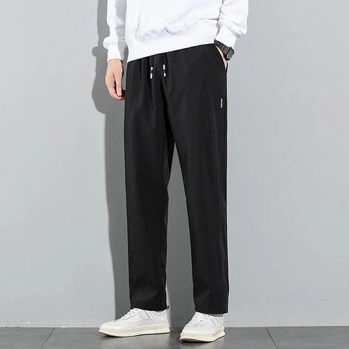 Mandotos Ice Silk men's summer pants in black and gray, breathable, elastic, straight-leg casual and outdoor sweatpants.