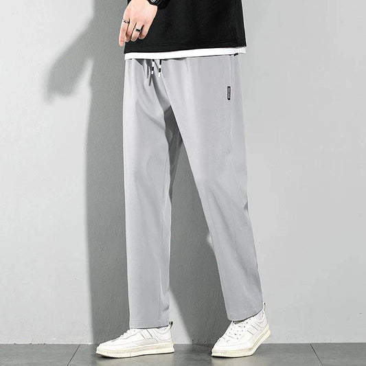 Mandotos Ice Silk men's summer casual pants in black and gray, featuring a straight leg, elastic waistband, breathable fabric.
