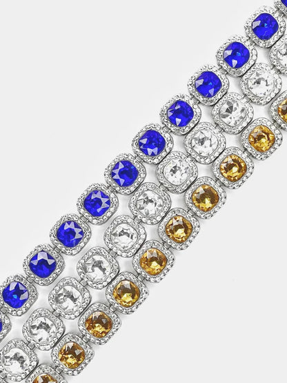 Mandotos Illumina tennis chain with clustered stones and radiant embellishments, showcasing elegant jewelry design.