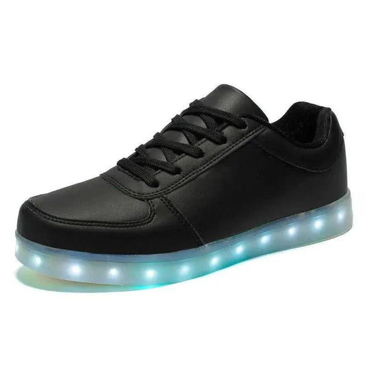 Mandotos LED light-up sneakers with illuminated soles and sparkling design, showcasing vibrant lights and stylish footwear.