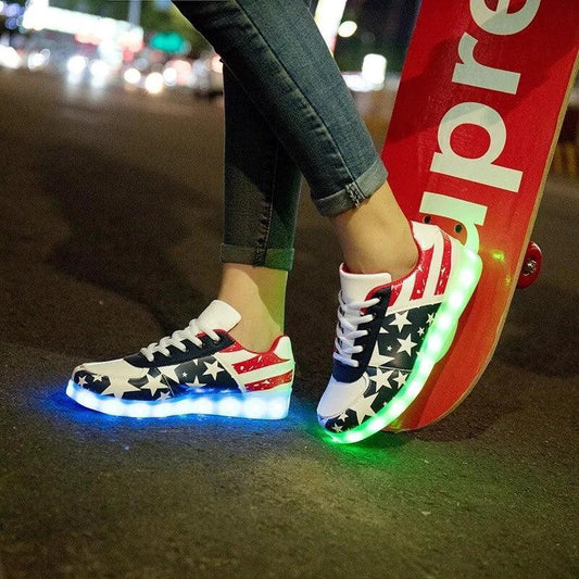 Mandotos LED light-up sneakers with sparkling soles, showcasing vibrant illumination and stylish design for active wear.