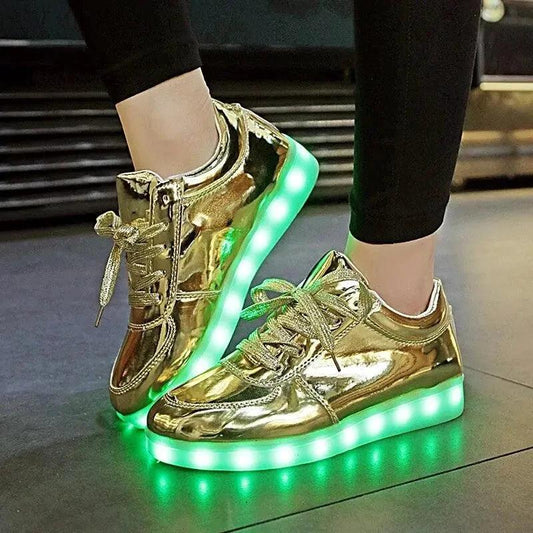 Mandotos LED light-up sneakers with sparkling soles, showcasing illuminated design and vibrant colors for a trendy, eye-catching look.