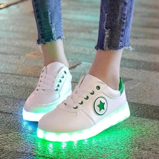 Mandotos LED light-up sneakers with sparkling soles, designed for vibrant, illuminated steps and stylish nighttime wear.