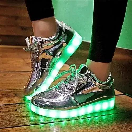 Mandotos LED light-up sneakers with sparkling soles, designed for vibrant, illuminated steps and stylish footwear.