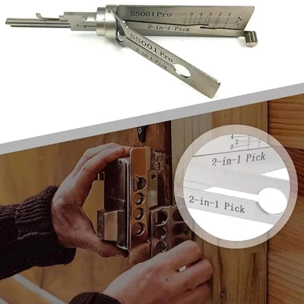 Stainless steel key decoder tool set by Mandotos International, includes pickup hand tools for lock maintenance and repair.
