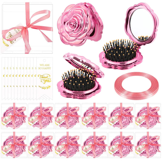 12-piece Rose Mirror and Brush Wedding Favor Set by MANDOTOS INTERNATIONAL, featuring elegant pink rose designs and compact travel size.