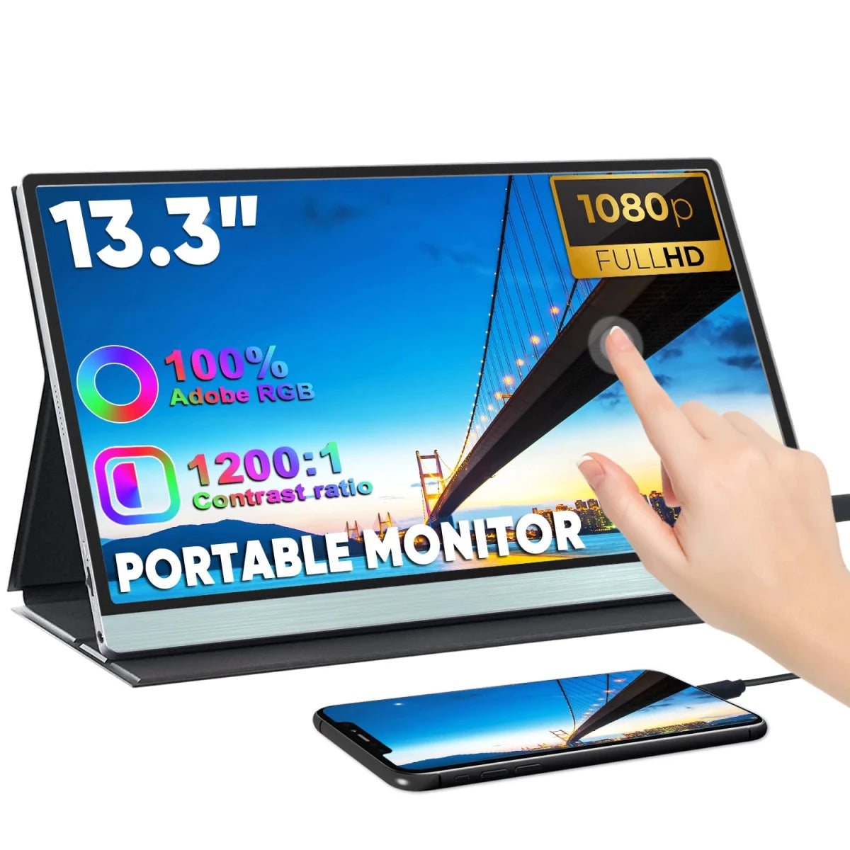 13-inch MANDOTOS INTERNATIONAL touch screen USB Type-C monitor designed for gaming and travel, showing vibrant display and sleek design.