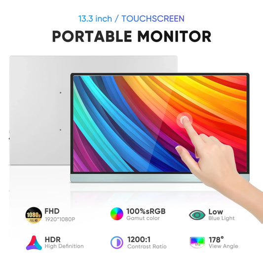 13-inch MANDOTOS INTERNATIONAL touchscreen USB Type-C monitor with sleek design, ideal for gaming and travel use.