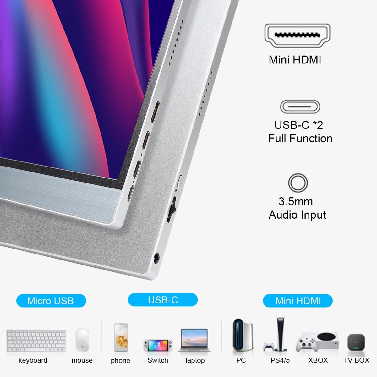 Mandotos International 13-inch touch screen USB Type-C monitor for gaming and travel, showing vibrant display and sleek design.