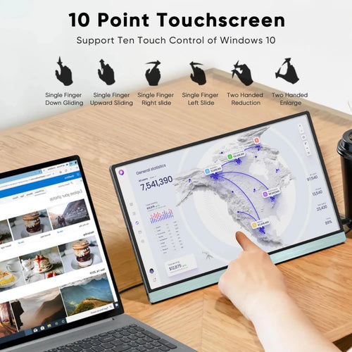 13-inch MANDOTOS INTERNATIONAL touch screen USB Type-C monitor, ideal for gaming and travel, showing a sleek display with vibrant visuals.