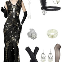 1920s Gatsby sequin gala dress with matching accessories by MANDOTOS INTERNATIONAL, featuring shimmering sequins and vintage elegance.