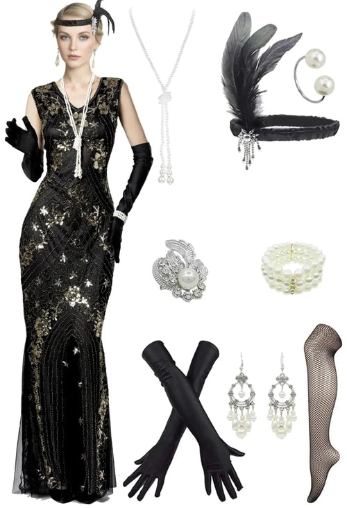 1920s Gatsby sequin gala dress by MANDOTOS INTERNATIONAL with matching accessories, featuring shimmering sequins and vintage-inspired design.
